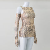 AHAgaga Sexy Tee T-shirt Women 2025 Summer Casual Letter Print Skinny See Through With Gloves Cropped Shirts Women Female Blusas