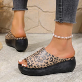Summer Leopard Print Wedges Slippers Women 2026 Plus Size 43 Peep Toe Platform Sandals Woman Light Thick Sole Sandles Female