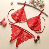 Women Sexy Lace-up Lingerie Set Transparent Lace Underwear G-string Bandage Bikini Three-point Set Erotic Delicate Bra Outfit