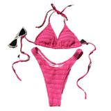 Sexy Knitted Hollow Handmade Crochet Bikini Set Women Pink Bandage Criss Cross Micro Swimsuit Bathng Suit Thong Swimwear