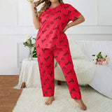 Plus Size 3XL 4XL 5XL Sleepwear Heart Letters Print 2 PCS Pajama Set Women's Casual Short-Sleeve Top and Pants Loungewear
