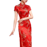 Women Dress Chinese Style Floral Embroidery Stand Collar Short Sleeves High Side Split Chinese Cheongsam Satin Silky