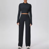 2 Pcs Women's Seamless Yoga Set Long-sleeved Wide-leg Pants Tracksuit Fitness Sports Set High-waisted Hip-lifting Slim-fit Suit