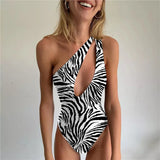 2023 Women One Piece Swimsuit Zebra One Shoulder Female Swimwear Sexy Monokini Hollow Out Beachwear Push Up Bodysuit