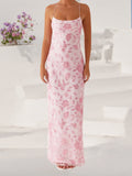 Women Summer Glitter Sequin Beaded Flower Cami Dress Slim High Split Spaghetti Strap Open Back Long Dresses for Party Club