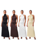 Women Summer Sexy Long Dress Sleeveless Halterneck Backless Solid Color Cocktail Dresses for Party