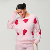 Women Spring Knitted Sweater Long Sleeve Round Neck Pearl Heart Print Knitwear Loose Pullover Tops
