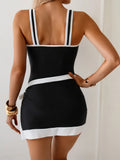 Sexy Black Contrast One Piece Swimsuit Skirt Sets Women Metal Starfish Hollow Out Slim Tummy Control Bathing Suit Swimwear XXL