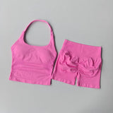 2PCS Seamless Halter Neck Yoga Set Push up Sports Bra And High Waist Butt Lift Fitness Shorts Tummy Control Fitness Wear