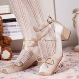 2025 Summer Cute Satin Pink Lolita Block Heels Mary Janes Shoes Women Sweet Buckle Cross-Strap Ballet Pumps Wedding High Heeled