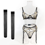 Toucheart Erotic LingerieNew Butterfly Embroidered Mesh See-through Sexy Contrastingerotic Lingerie Four-piece Setwith Stockings