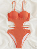 Sexy Push Up Underwire One Piece Swimsuit Women Solid Pink Metal Chain Hollow Out Ribbed Bathing Suit Backless Swimwear Monokini