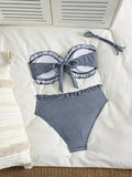Vintage Coffee Plaid Print Bikini Set Women Bandeau Front Tie Push Up Bra High Waist Swimwear 2026 Beach Bathing Suit Swimsuit