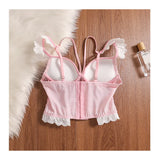 MOYISU Rhinestone Lace Corset Bra Set Pink Halter Bustier Slim-Fit Waist Trainer Sexy Lingerie for Women Party Wedding Outerwear