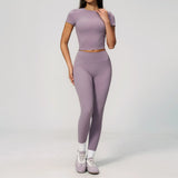 Creamy 2 Pieces Workout Suit Women Yoga Outfits Short Sleeve O Neck Slim Sports T Shirts High Waist Flare Pants Gym Fitness Sets