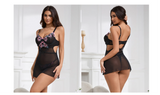 Black Floral Embroidered Mesh Chemise for Women Underwire Push Up Adjustable Back Closure Sleepwear with Panties Plus Size