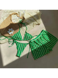 With Shorts Striped Halter Bikini Female Swimsuit Women Swimwear Three-Pieces Bikini Set Padded Bather Bathing Suit Swim V7159