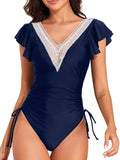 2026 Crochet Drawstring One Piece Swimsuit Women Sexy Ruffle Swimwear Female Solid Bathers Bathing Swimming Swim Suit Beachwear