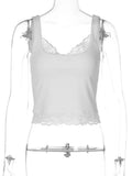 FDYOUI Sexy Lace Patchwork Tank Tops for Women Fashion Sleeveless Backless Cropped T-shirt Black White Y2K Skinny Corset Top