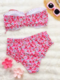DEKA Ruffles Strapless Lace-Up Bikini Set Floral Pattern Swimsuit Women High Waist Bikini Summer New Swim Bathing Suit