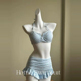 Girls' pure lust style summer bikini three-piece knitted sweater holiday split swimsuit for women
