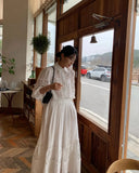 2026 French Retro Heavy Shirt Skirt Hollow Lace Balloon Sleeve Shirt + High Waist Belted Skirt Fashion Suit for Women
