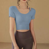 Women's Quick-Dry Yoga Sports Top with Chest Cushion Sexy Short-Sleeved Fitness T-Shirt Tight-Fitting Navel Revealing Yoga Suit