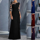Women Elegant Lace Long Dress Sexy See Through Round Neck Mid Sleeve Dress Solid Color Evening Party Prom Dress Cocktail Gown