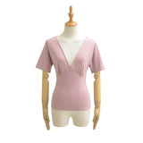 Spring Korean Slim Fit Deep V Neck Tie-Up Clean Face Crop Top Short Sleeve Pullover T-Shirt Base Shirt Solid Color Fashion RM7O