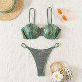 Scalloped Snake Skin Thong Bikini Female Swimsuit Women Swimwear Two-Pieces Bikini Set Bra Cup Bather Bathing Suit Swim V4650