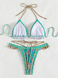 Floral Printed Halter Ruffled Frilled Bikini Women Swimwear Female Swimsuit Two-pieces Bikini set Thong Bathing Suit Swim Lady