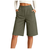 Women's High Waist Cotton Linen Bermuda Shorts Double Breasted Wide Leg Casual Shorts With Pockets Loose Fit Office Summer Short
