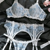 Toucheart Sexy Lingerie Set Lace Patchwork Embroidery Bra Set For Women Perspective Sexy Hanging Neck Underwear Garter Stockings