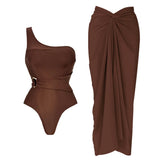 2Pcs Deep V Swimsuit With Long Skirt Women Sexy Swimwear Female Bikini Cut Out Biquini Swim Suit Shiny Button Bodysuit Beachwear