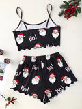 Women Sleepwear Christmas Santa Print Crew Neck Sleeveless with Spaghetti Strap Top and Shorts Pajama Set Loungewear