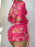 2026 Summer Women's 4 Pieces Suit Swimwear Neck Lace-up Bikini Set+crop Top+skirts Floral Print Gauze Swimsuit Beachwear Biquini