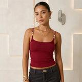 Women Summer Slim Fit Camisoles Beaded Spaghetti Strap Stylish Solid Color Tank Tops Beach Vacations