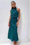 Foridol One Shoulder Turtleneck Tank Satin Women Party Dress Robe Zip Sleeveless Elegant Vintage Folds Women Clothing 2025