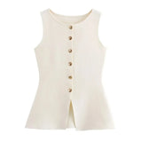 Women's Sleeveless Knit Top With Metal Buttons White Sleeveless Button Down Vest And Maxi Skirt Two Piece Set For Women S7XY