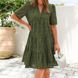 Casual Short Sleeve V-neck Midi Dress Women's Hollow Out Eyelet Dress Summer Beach Tiered Flowy A-line Sundress