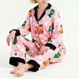 Women's Christmas Pajamas Set Long Sleeve V Neck Stocking Tree Print Tops and Pants Lounge Wear Two Pieces Suits