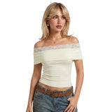 Women Summer Solid Color Off the Shoulder Crop Tops Lace Trim Slim Fit Boat Neck T-shirts