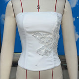 Women Summer Solid Color Back Bandage Crop Tube Tops Sequin Floral Off-Shoulder Bandeau Backless Vest for Streetwear