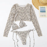 S- XXL Leopard Printed Long Sleeve Bikini Women Swimwear Female Swimsuit Three-Pieces Bikini Set Bather Bathing Suit Swim V3193Y