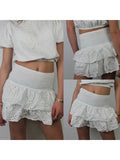 Shirred Mini Skirt A-Line Pointelle High Waist Layered Ruffle Skirt for Women 2024 Summer Solid Color Sweet Skirts