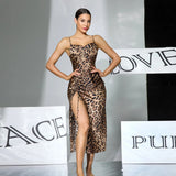 Women Sexy Leopard Print Slip Nightdress Removable Padded Drawstring High Slit Midi Nightgown Loungewear