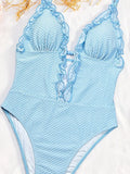 Sexy Sky Blue Deep V Neck One Piece Swimwear Women Lace Trim Slim Tummy Control Swimsuit Beach Holiday Bathing Suit Bikini 2026