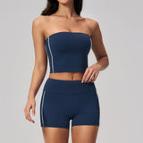 Summer Tight Yoga Suit Women Color Contrast Strapless Slim Sports Tank Top Shorts Fitness Suit Gym Running Workout Tracksuit