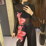 S - XL New Flower Printed Floral Long Sleeve With Pants One Piece Swimsuit Women Swimwear Female Bather Bathing Suit Swim V7099