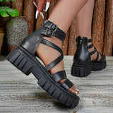 Chunky Platform Gladiator Sandals Women Buckle Decor Cross Strap Thick Bottom Sandles Woman Back Zip Pu Leather Sandalias 35-43